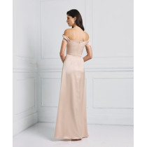 New Fashion Trend Satin Off the Shoulder Under Skirt Side Pleats Front Slit and Darts  Dress