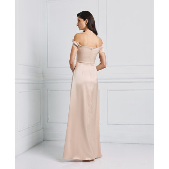 New Fashion Trend Satin Off the Shoulder Under Skirt Side Pleats Front Slit and Darts  Dress