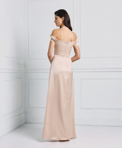 New Fashion Trend Satin Off the Shoulder Under Skirt Side Pleats Front Slit and Darts  Dress