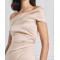 New Fashion Trend Satin Off the Shoulder Under Skirt Side Pleats Front Slit and Darts  Dress