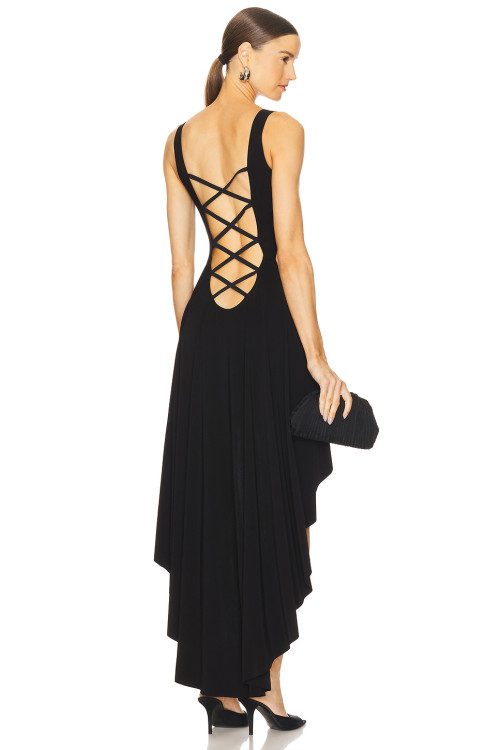 High Low Sleeveless Gown Snap Closure Asymmetric Hem and Elastic Lace up Black Dress