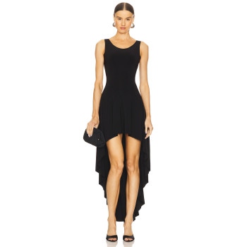 High Low Sleeveless Gown Snap Closure Asymmetric Hem and Elastic Lace up Black Dress