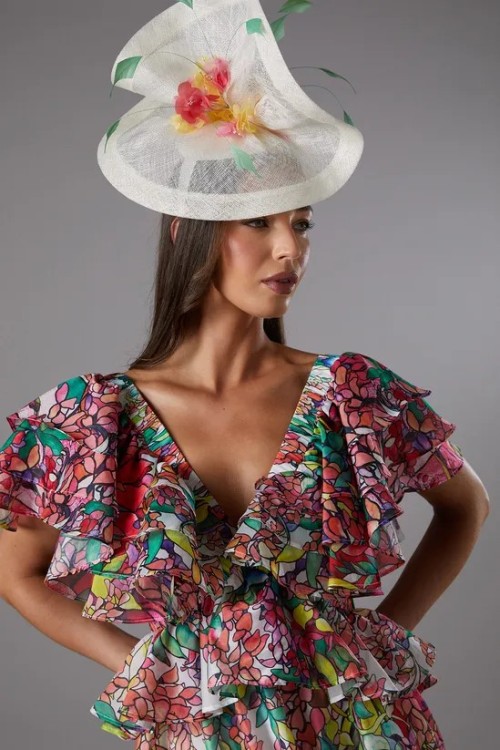 Short Sleeve  Open Back Design Elegant V Neckline Cascading Floral Pattern  Dress