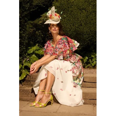 Short Sleeve  Open Back Design Elegant V Neckline Cascading Floral Pattern  Dress