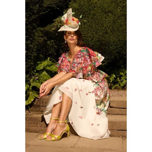 Short Sleeve  Open Back Design Elegant V Neckline Cascading Floral Pattern  Dress