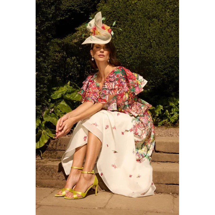 Short Sleeve  Open Back Design Elegant V Neckline Cascading Floral Pattern  Dress