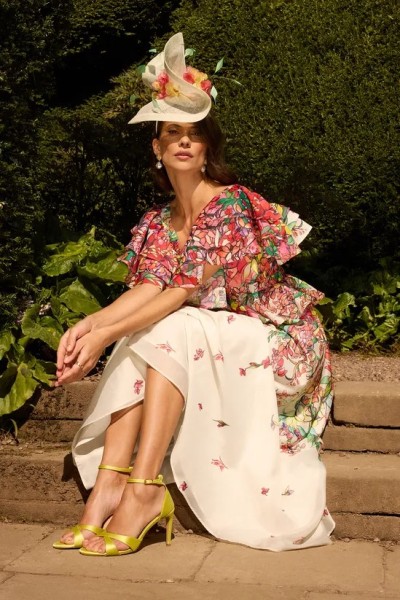 Short Sleeve  Open Back Design Elegant V Neckline Cascading Floral Pattern  Dress