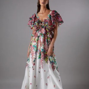 Short Sleeve  Open Back Design Elegant V Neckline Cascading Floral Pattern  Dress