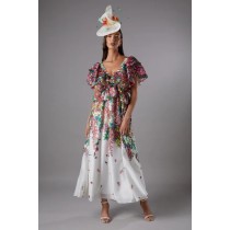 Short Sleeve  Open Back Design Elegant V Neckline Cascading Floral Pattern  Dress