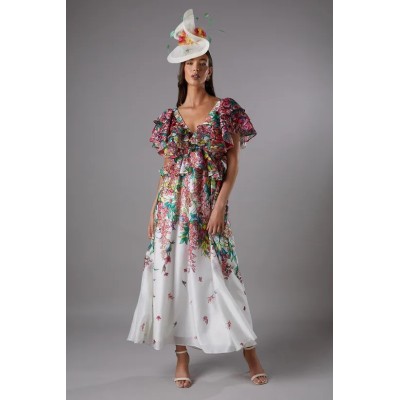 Short Sleeve  Open Back Design Elegant V Neckline Cascading Floral Pattern  Dress