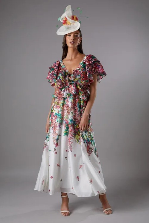 Short Sleeve  Open Back Design Elegant V Neckline Cascading Floral Pattern  Dress