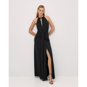 Fashion Sleeveless Halter Front Ruching Draping Front Slit Front Back Cutouts Ladies' Long Dress
