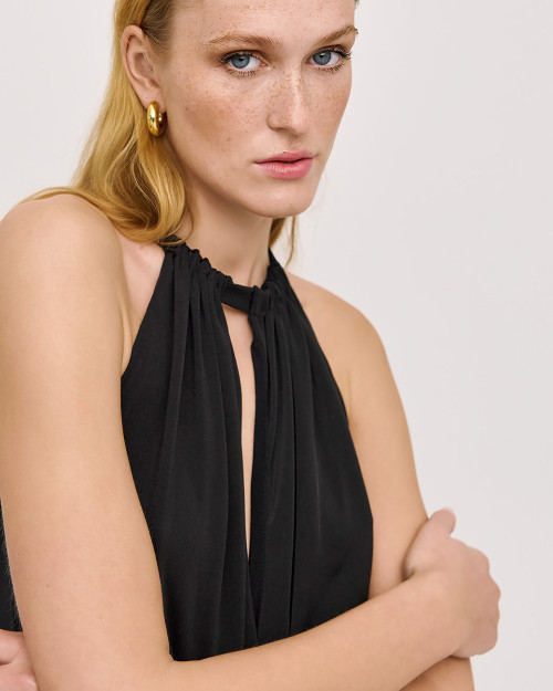 Fashion Sleeveless Halter Front Ruching Draping Front Slit Front Back Cutouts Ladies' Long Dress