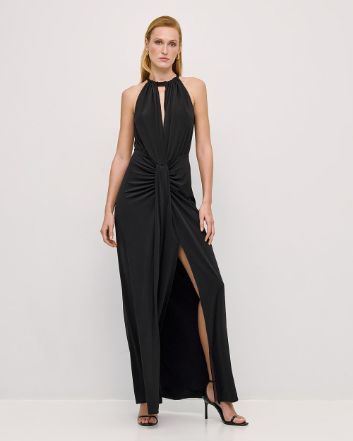 Fashion Sleeveless Halter Front Ruching Draping Front Slit Front Back Cutouts Ladies' Long Dress
