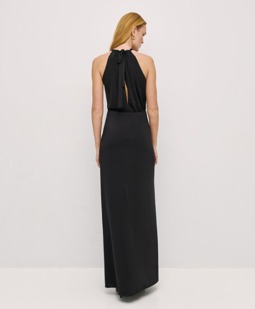 Fashion Sleeveless Halter Front Ruching Draping Front Slit Front Back Cutouts Ladies' Long Dress