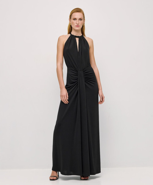 Fashion Sleeveless Halter Front Ruching Draping Front Slit Front Back Cutouts Ladies' Long Dress