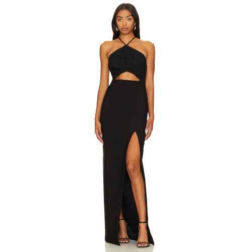 New Design Elegant Halter Neck Adjustable Shoulder Straps Hollow Upper Body Side Slit Lady Dress