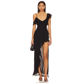 Elegant Stylish Customized Adjustable Backless Chiffon Uneven Hem Ruffled Trims Dress for Ladies