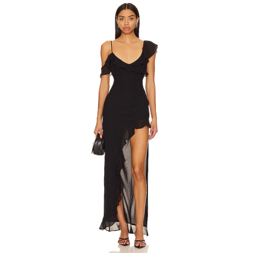 Elegant Stylish Customized Adjustable Backless Chiffon Uneven Hem Ruffled Trims Dress for Ladies