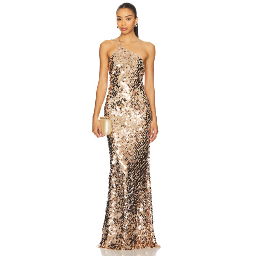 New Style One Shoulder Sleeveless Open Back Medium Weight Sequined Elegant Ladies' Dress