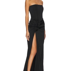 Medium Weight Satin Off Shoulder Sleeveless Front Floral Decoration Split Gown for Ladies