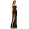 Medium Weight Satin Off Shoulder Sleeveless Front Floral Decoration Split Gown for Ladies