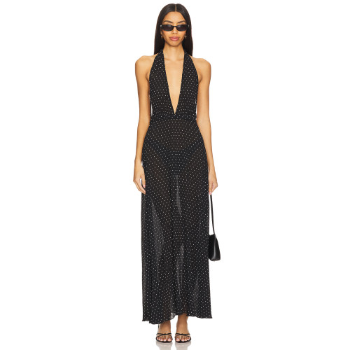 2025 Stylish Graceful Halter Neck Deep V Backless Design Polka Dot Women Long Dress