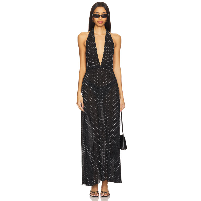 2025 Stylish Graceful Halter Neck Deep V Backless Design Polka Dot Women Long Dress