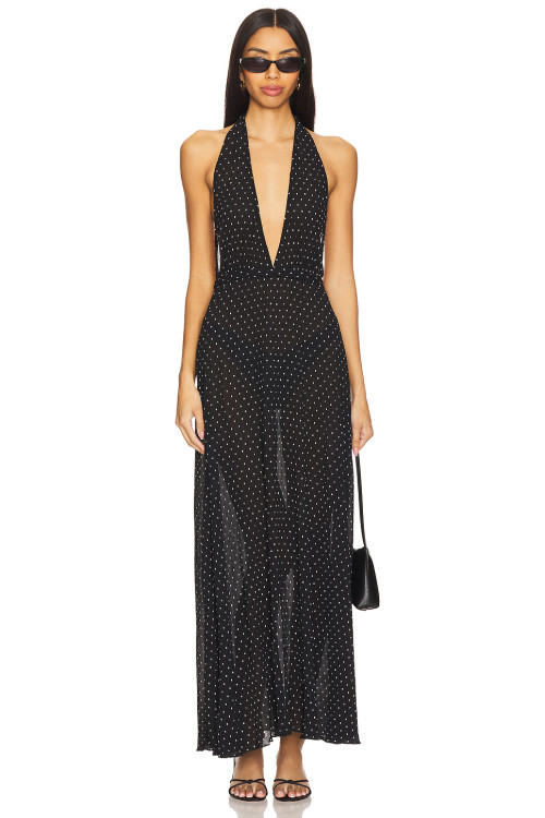 2025 Stylish Graceful Halter Neck Deep V Backless Design Polka Dot Women Long Dress