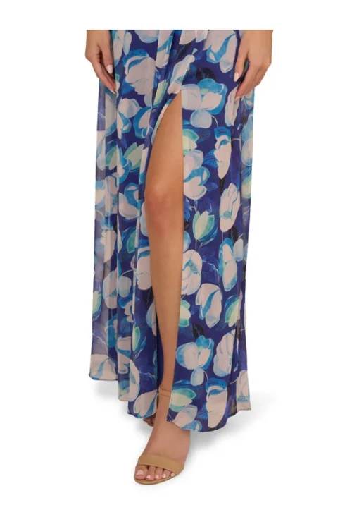 Elegant Women's Breathable Slim Chiffon  High Slit V Neck Summer Dress Short Sleeve Casual Dress