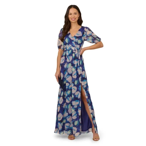 Elegant Women's Breathable Slim Chiffon  High Slit V Neck Summer Dress Short Sleeve Casual Dress