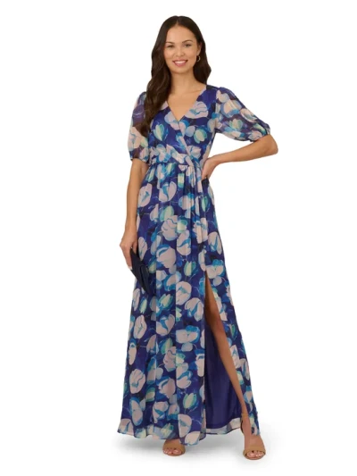 Elegant Women's Breathable Slim Chiffon  High Slit V Neck Summer Dress Short Sleeve Casual Dress