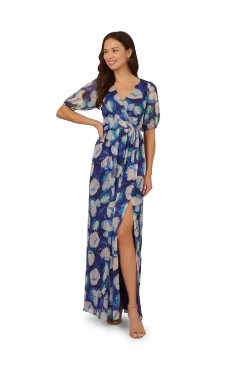 Elegant Women's Breathable Slim Chiffon  High Slit V Neck Summer Dress Short Sleeve Casual Dress