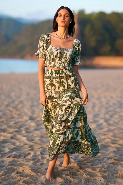 Women's 2025 Summer Short Sleeve Midi Dress Chic Cotton Texture Print New Fashionable Casual Dress