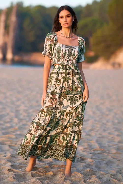 Women's 2025 Summer Short Sleeve Midi Dress Chic Cotton Texture Print New Fashionable Casual Dress