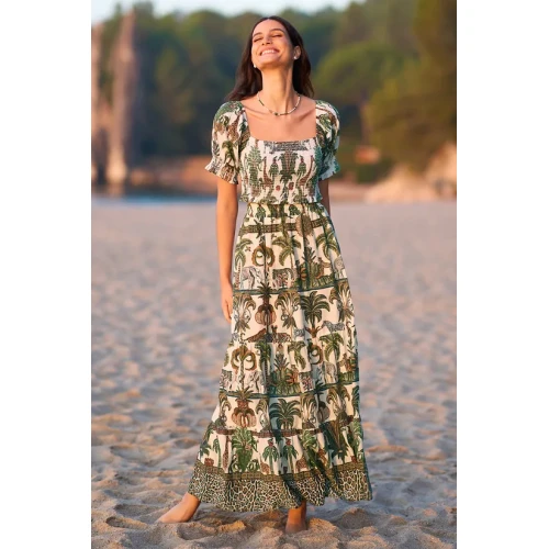 Women's 2025 Summer Short Sleeve Midi Dress Chic Cotton Texture Print New Fashionable Casual Dress