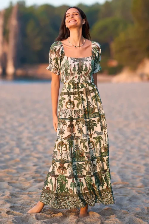 Women's 2025 Summer Short Sleeve Midi Dress Chic Cotton Texture Print New Fashionable Casual Dress