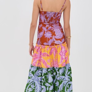 Female Free Vintage Color Floral Print Dress Elegant Sleeveless Sweat Heart Slim Mid- Length Dresses