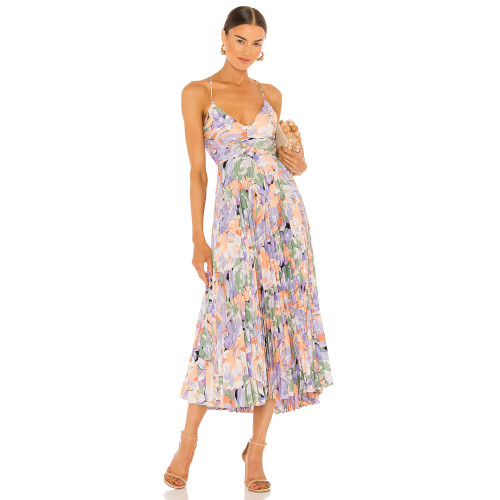 Printed Sleeveless Adjustable Cross Straps Pleated Sateen Back Cutout Lacing Women Dress