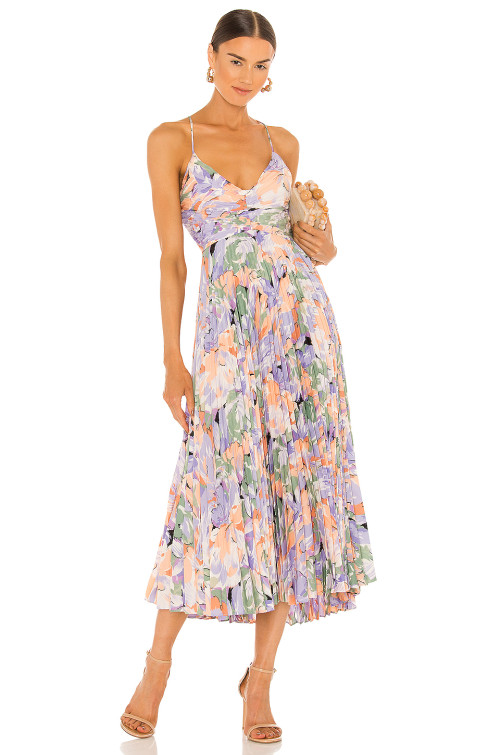 Printed Sleeveless Adjustable Cross Straps Pleated Sateen Back Cutout Lacing Women Dress