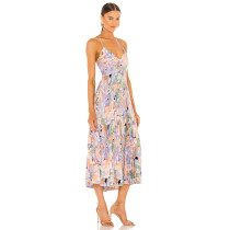 Printed Sleeveless Adjustable Cross Straps Pleated Sateen Back Cutout Lacing Women Dress