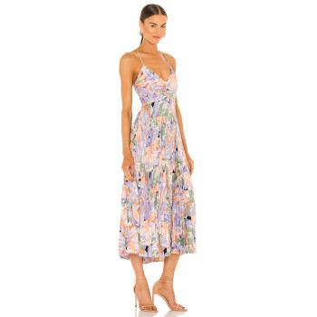 Printed Sleeveless Adjustable Cross Straps Pleated Sateen Back Cutout Lacing Women Dress