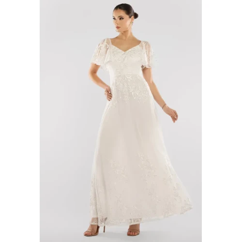 Women's 2025 Summer Long Dress V Neck Short Sleeve  Slim Embroidered Pattern Texture Party Dress