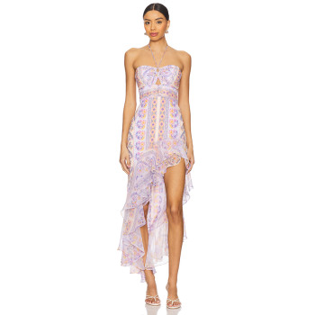 2025 New Fashionable Elegant Floral Halter Asymmetrical Ruffled Side split Woman's Midi Dress