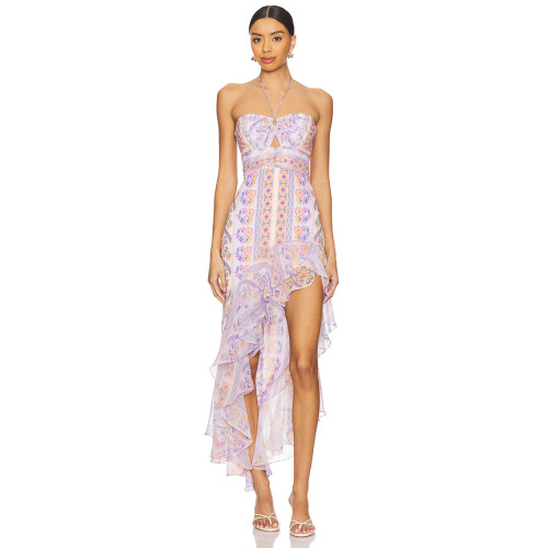 2025 New Fashionable Elegant Floral Halter Asymmetrical Ruffled Side split Woman's Midi Dress