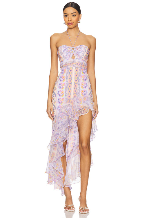 2025 New Fashionable Elegant Floral Halter Asymmetrical Ruffled Side split Woman's Midi Dress
