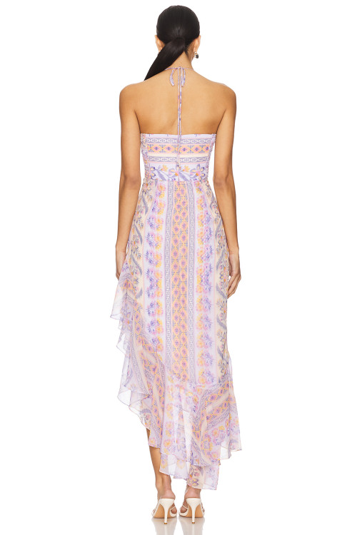 2025 New Fashionable Elegant Floral Halter Asymmetrical Ruffled Side split Woman's Midi Dress