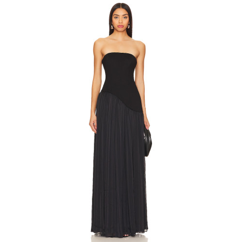 Fashion Forward Off Shoulder Open Back Pleated Satin Skirt in Boned Plain Weave for Women