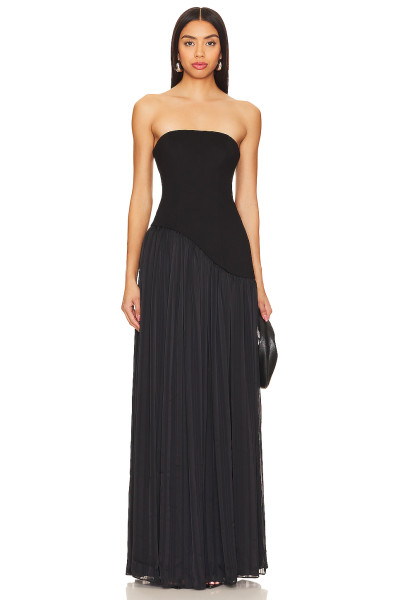 Fashion Forward Off Shoulder Open Back Pleated Satin Skirt in Boned Plain Weave for Women