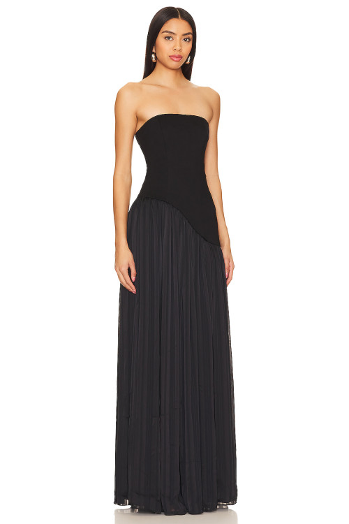 Fashion Forward Off Shoulder Open Back Pleated Satin Skirt in Boned Plain Weave for Women